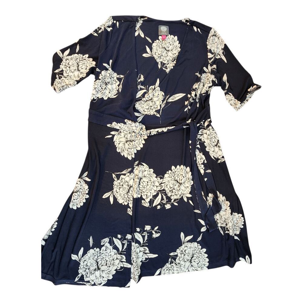 Vince Camuto womens sz 12 black white floral faux wrap short sleeve mini/midi